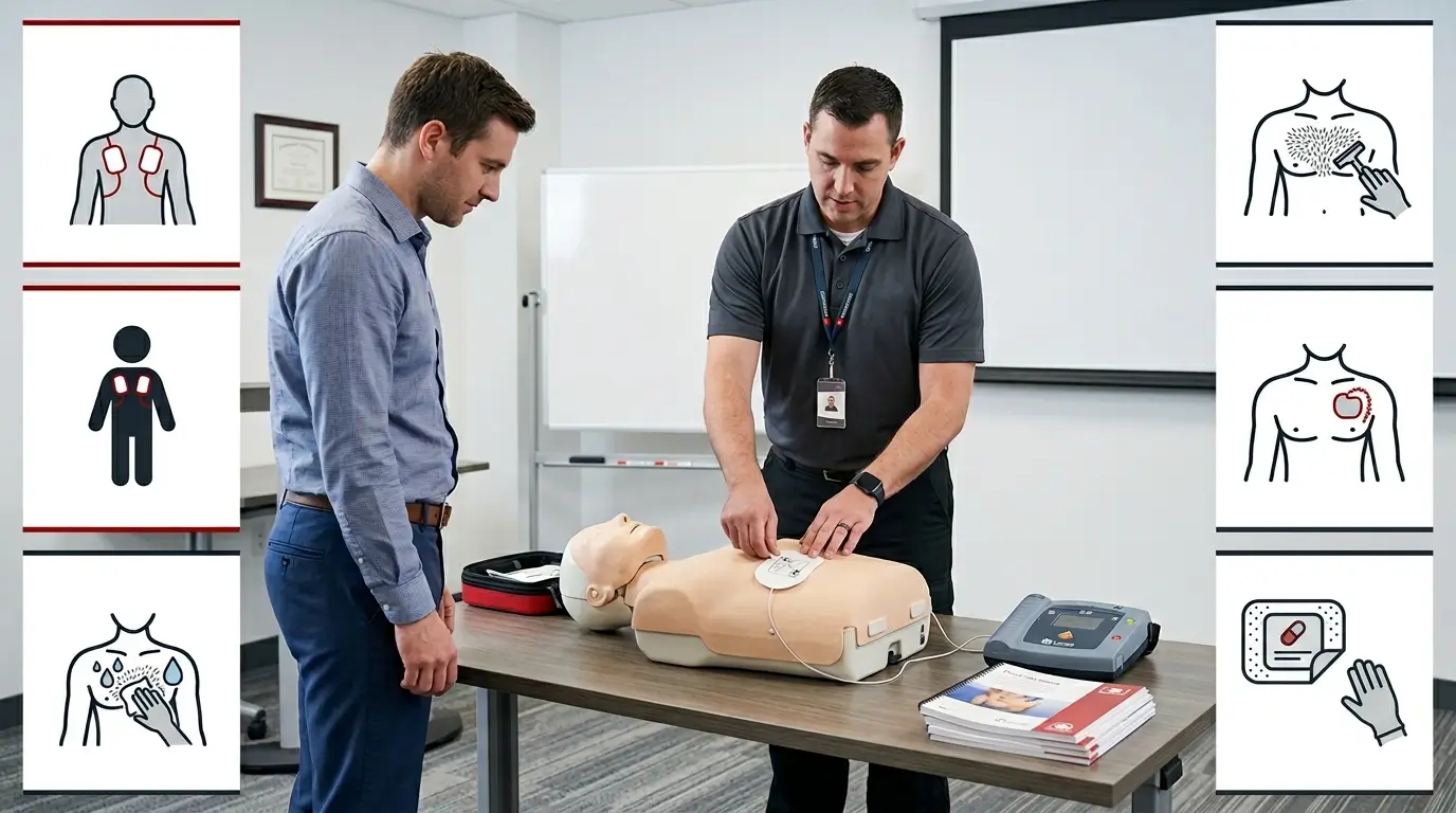 When should businesses include 7 placement of pads for AED in safety training?